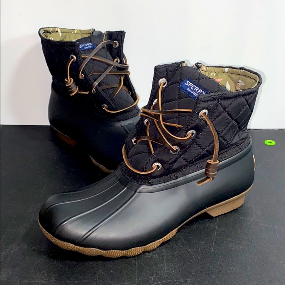 Sperry Saltwater Black Quilted Nylon Rain Boot NIB